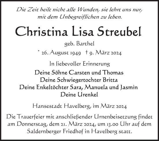 Traueranzeige von Christina Lisa Streubel von Volksstimme Altmark Ost