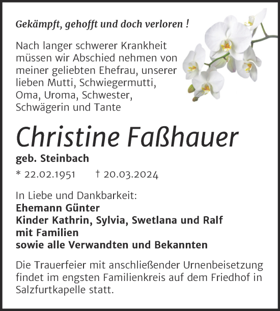 Traueranzeige von Christine Faßhauer von Trauerkombi Bitterfeld