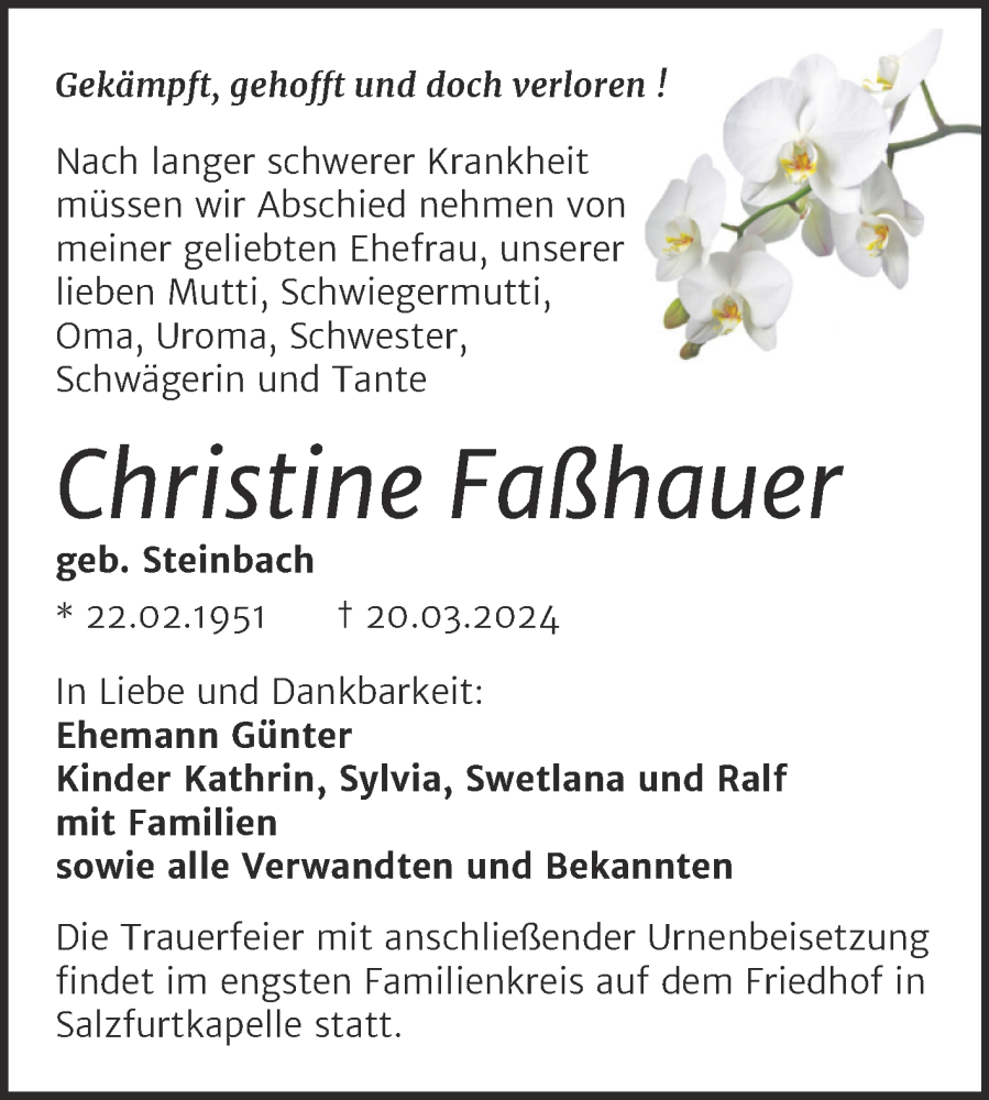  Traueranzeige für Christine Faßhauer vom 23.03.2024 aus Trauerkombi Bitterfeld