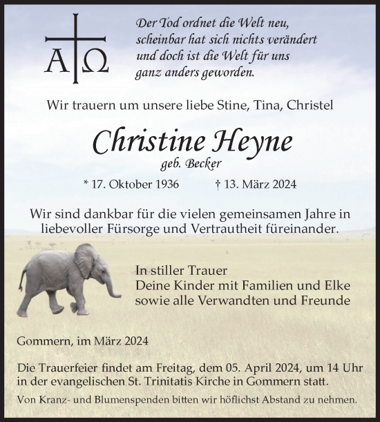 Traueranzeige von Christine Heyne von Volksstimme Burg/Genthin