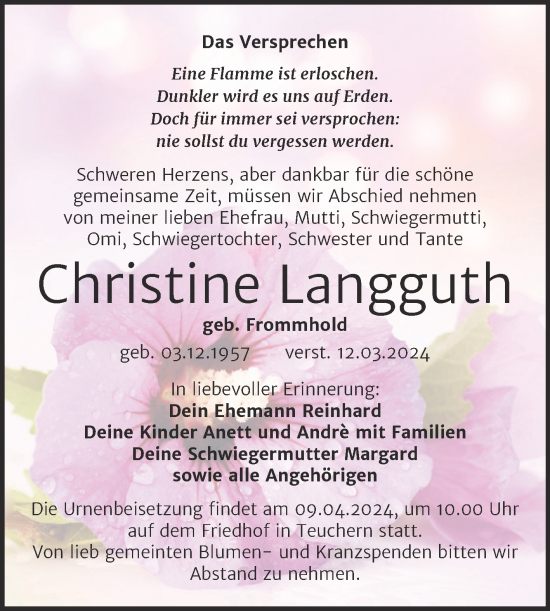 Traueranzeige von Christine Langguth von Trauerkombi Weißenfels