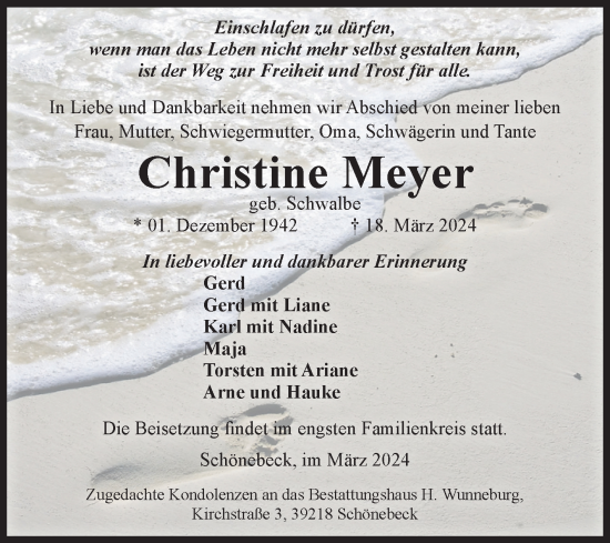 Traueranzeige von Christine Meyer von Volksstimme Schönebeck