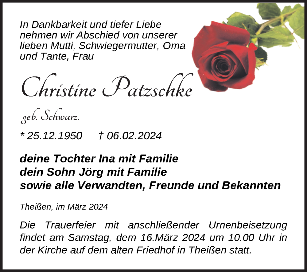  Traueranzeige für Christine Patzschke vom 09.03.2024 aus Trauerkombi Zeitz