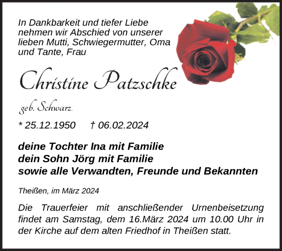 Traueranzeige von Christine Patzschke von Trauerkombi Zeitz