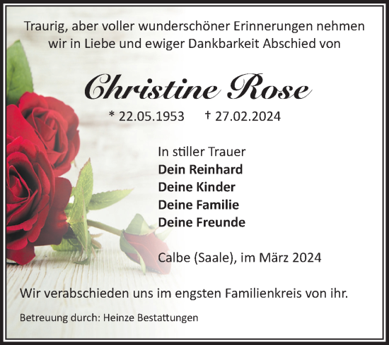 Traueranzeige von Christine Rose von Volksstimme Schönebeck