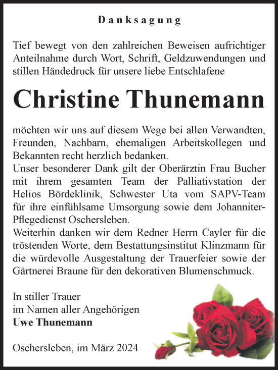 Traueranzeige von Christine Thunemann von Volksstimme Oschersleben/Wanzleben