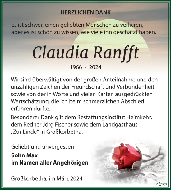 Traueranzeige von Claudia Ranfft von Trauerkombi Weißenfels