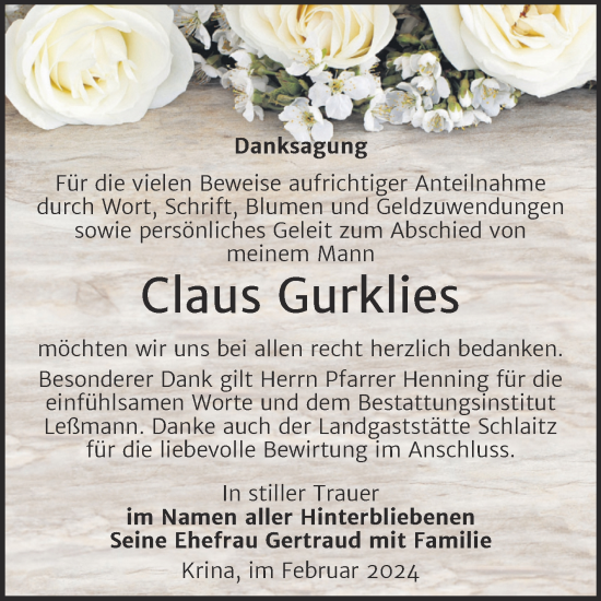Traueranzeige von Claus Gurklies von Trauerkombi Bitterfeld