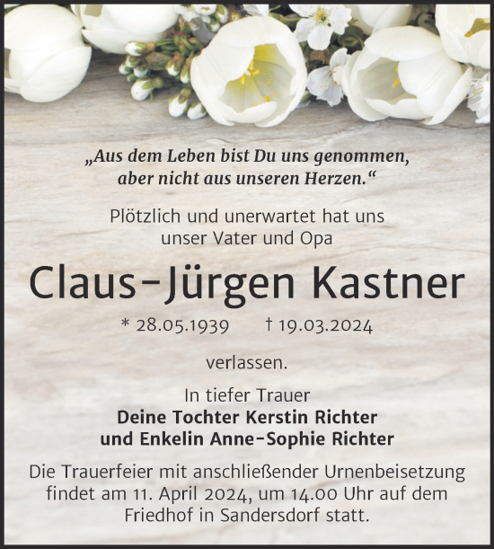 Traueranzeige von Claus Jürgen Kastner von Trauerkombi Bitterfeld