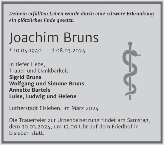 Traueranzeige von Joachim Bruns von Trauerkombi Mansfelder Land