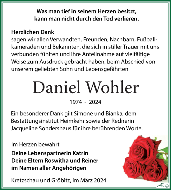 Traueranzeige von Daniel Wohler von Trauerkombi Weißenfels