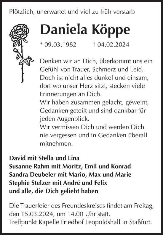 Traueranzeige von Daniela Köppe von Volksstimme Staßfurt