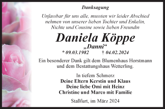 Traueranzeige von Daniela Köppe von Volksstimme Staßfurt