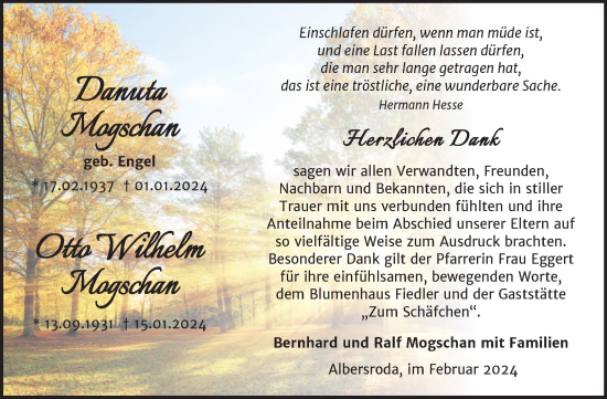 Traueranzeige von Danuta und Otto Wilhelm Mogschan von Trauerkombi Merseburg