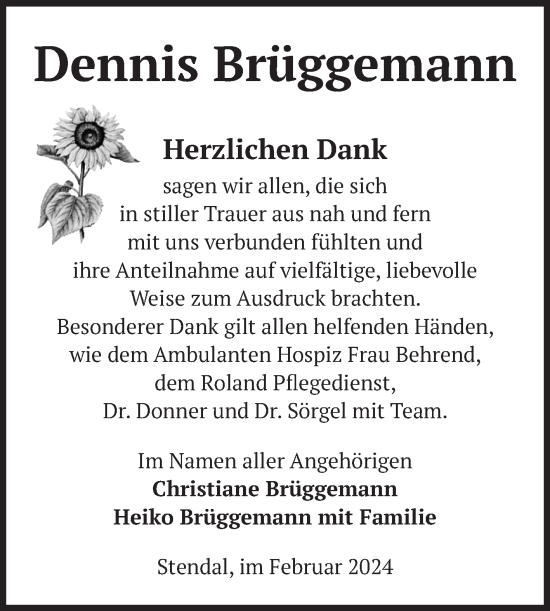 Traueranzeige von Dennis Brüggemann von Volksstimme Altmark Ost