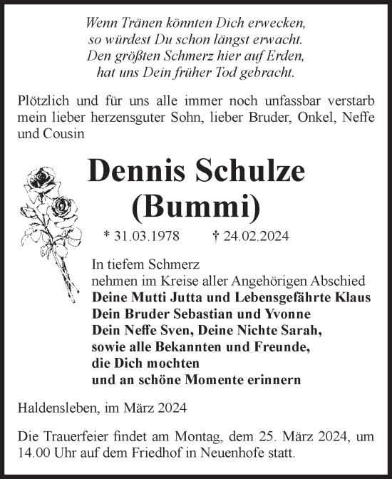 Traueranzeige von Dennis Schulze von Volksstimme Haldensleben/Wolmirstedt