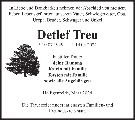 Traueranzeige von Detlef Treu von Volksstimme Altmark Ost