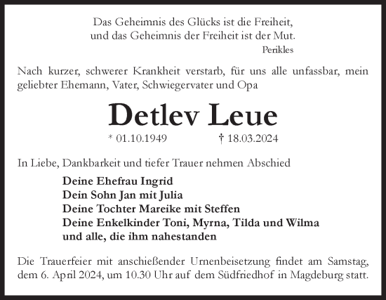 Traueranzeige von Detlev Leue von Volksstimme Magdeburg