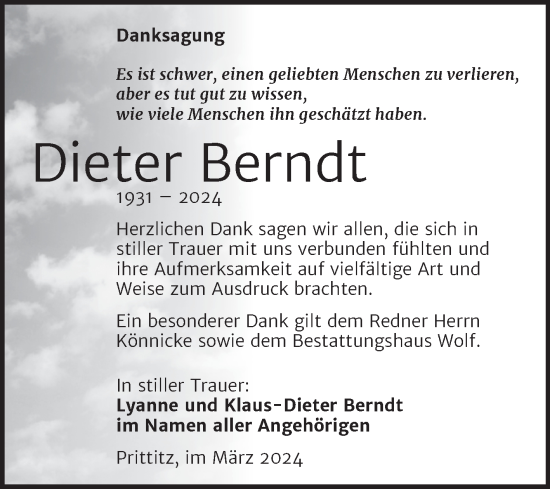 Traueranzeige von Dieter Berndt von Trauerkombi Weißenfels