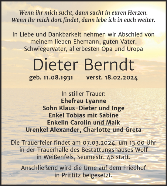 Traueranzeige von Dieter Berndt von Trauerkombi Weißenfels