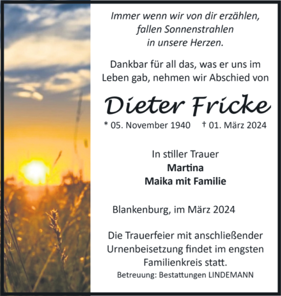 Traueranzeige von Dieter Fricke von Volksstimme Wernigerode
