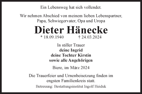 Traueranzeige von Dieter Hänecke von Volksstimme Schönebeck