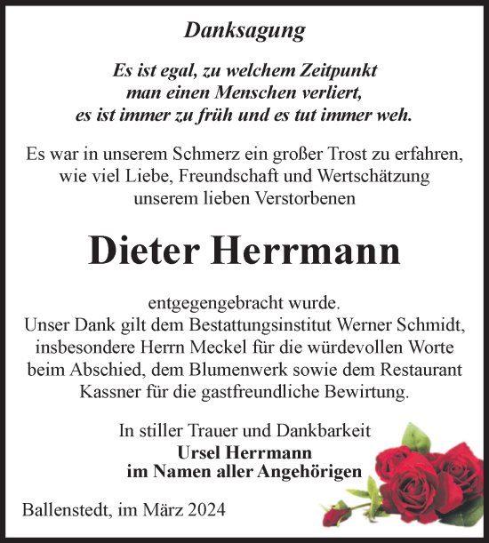 Traueranzeige von Dieter Herrmann von Trauerkombi Quedlinburg