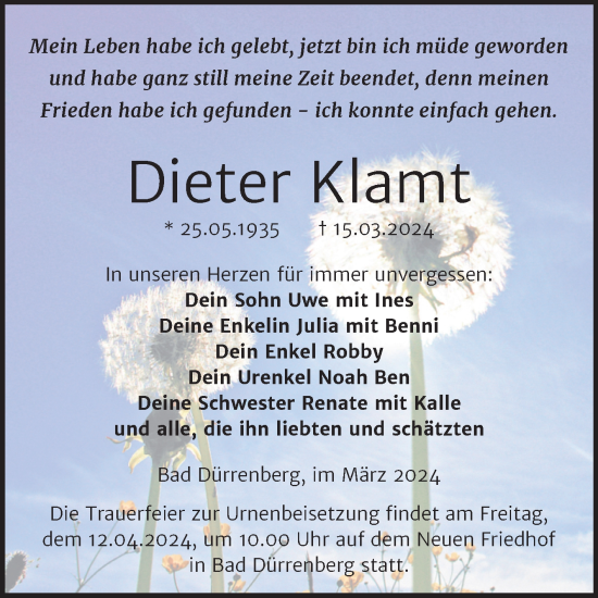 Traueranzeige von Dieter Klamt von Trauerkombi Merseburg