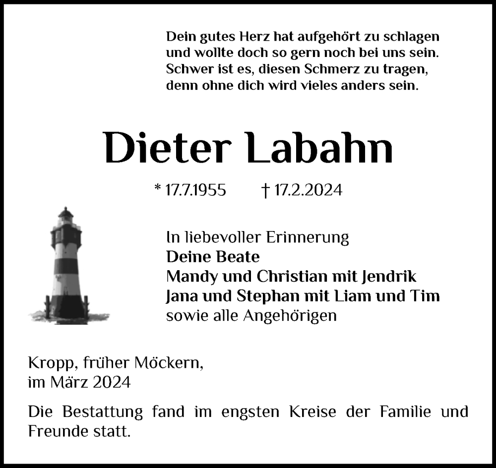 Traueranzeige für Dieter Labahn vom 09.03.2024 aus Volksstimme Burg/Genthin