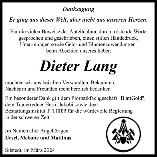 Traueranzeige von Dieter Lang von Volksstimme Wernigerode