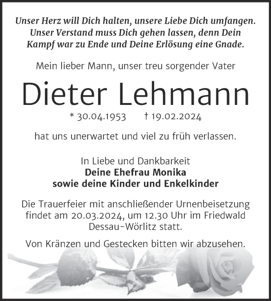 Traueranzeige von Dieter Lehmann von Trauerkombi Bitterfeld