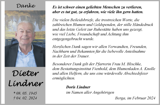 Traueranzeige von Dieter Lindner von Trauerkombi Sangerhausen