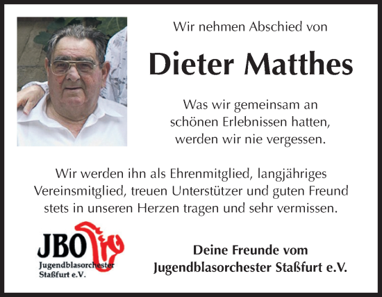 Traueranzeige von Dieter Matthes von Volksstimme Staßfurt
