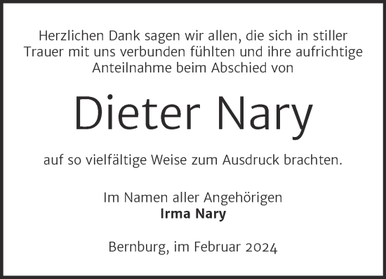 Traueranzeige von Dieter Nary von Trauerkombi Bernburg