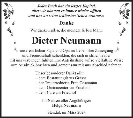 Traueranzeige von Dieter Neumann von Volksstimme Altmark Ost