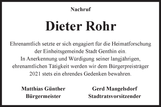 Traueranzeige von Dieter Rohr 