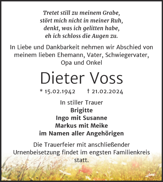 Traueranzeige von Dieter Voss von Trauerkombi Bitterfeld