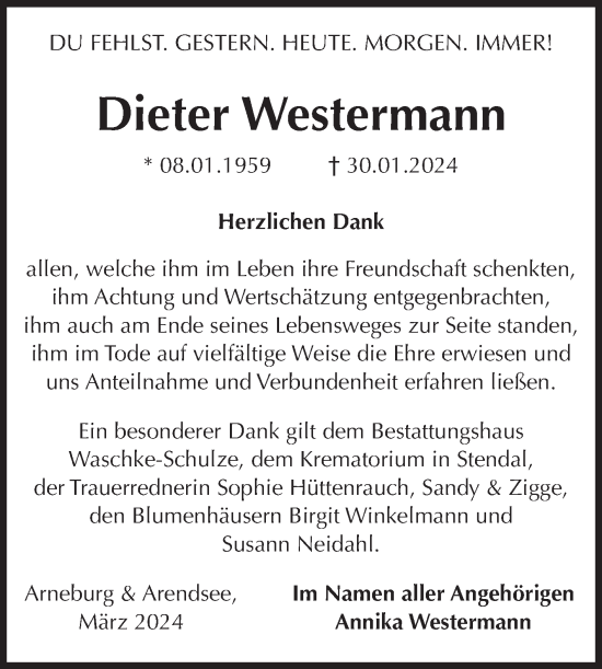 Traueranzeige von Dieter Westermann von Volksstimme Altmark Ost