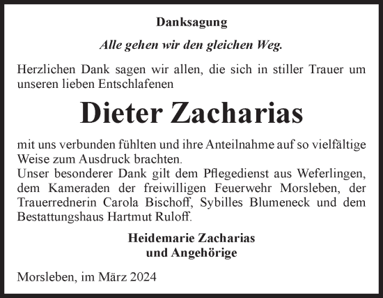 Traueranzeige von Dieter Zacharias von Volksstimme Haldensleben/Wolmirstedt