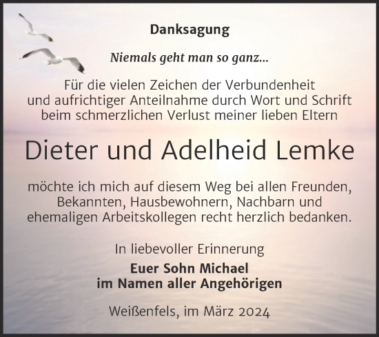 Traueranzeige von Dieter und Adelheid  Lemke von Trauerkombi Weißenfels