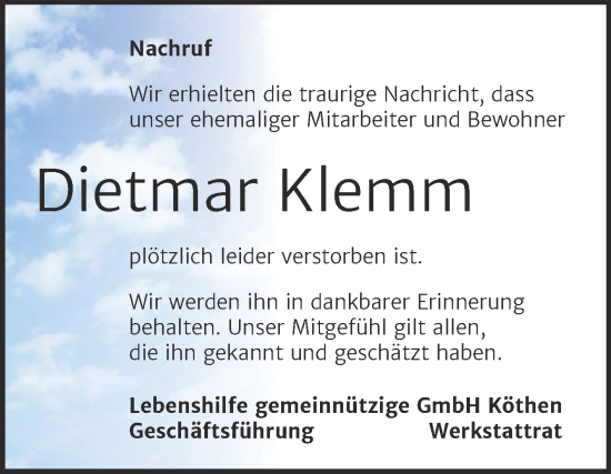 Traueranzeige von Dietmar Klemm von Super Sonntag Köthen