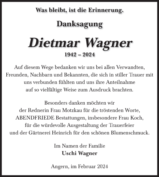 Traueranzeige von Dietmar Wagner von Volksstimme Haldensleben/Wolmirstedt