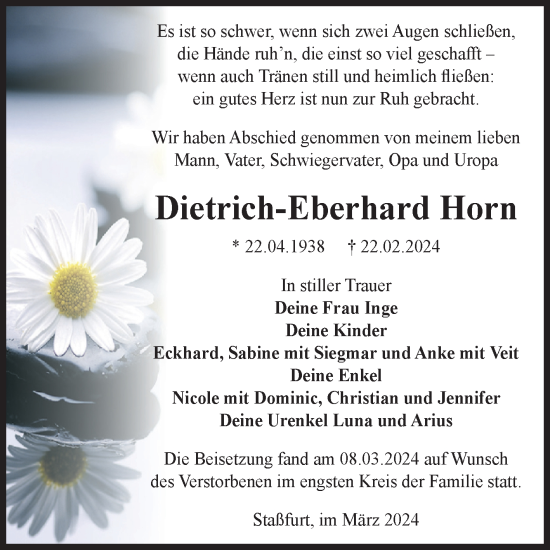 Traueranzeige von Dietrich-Eberhard Horn von Volksstimme Staßfurt