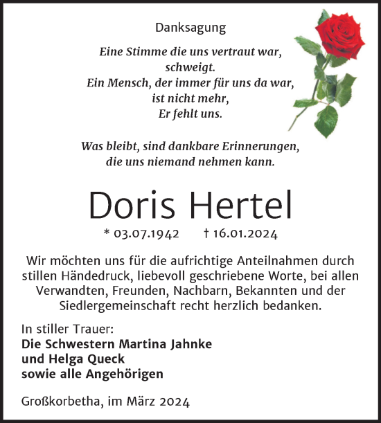 Traueranzeige von Doris Hertel von Trauerkombi Weißenfels