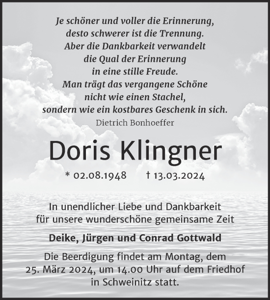 Traueranzeige von Doris Klingner von Trauerkombi Weißenfels