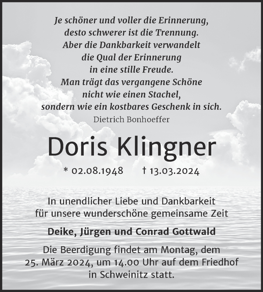  Traueranzeige für Doris Klingner vom 16.03.2024 aus Trauerkombi Weißenfels