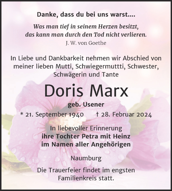 Traueranzeige von Doris Marx von Naumburger Tageblatt