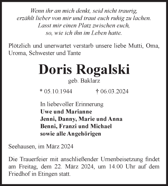 Traueranzeige von Doris Rogalski von Volksstimme Altmark Ost