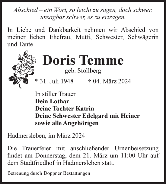 Traueranzeige von Doris Temme von Volksstimme Oschersleben/Wanzleben