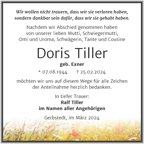 Traueranzeige von Doris Tiller von Trauerkombi Mansfelder Land
